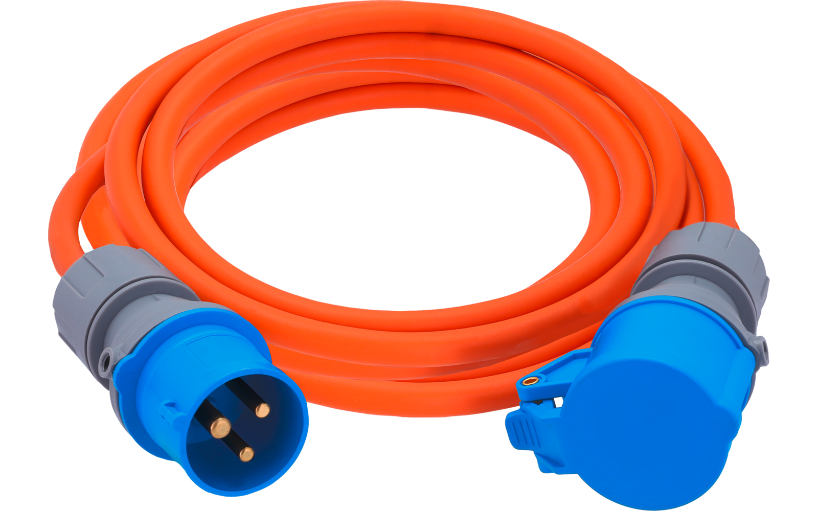 Orange aufgerolltes Kabel mit blauem dreipoligen Stecker und blauem Koppelstecker