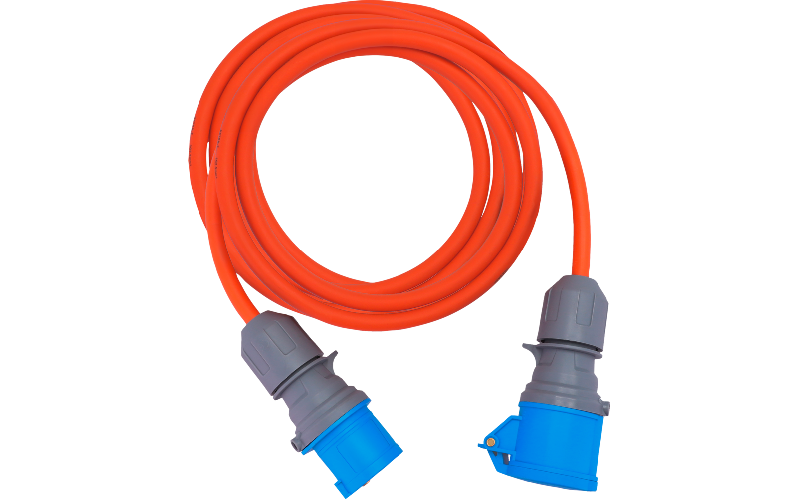 Aufgerolltes orangefarbenes Verlängerungskabel mit blauen Industrie-Steckern an beiden Enden