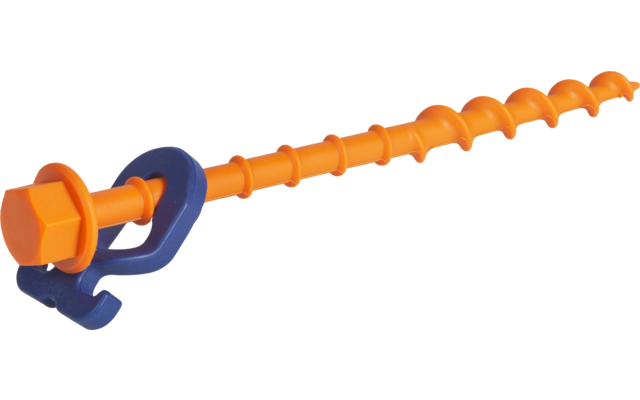 Tige en plastique orange en forme de vis avec tête hexagonale et crochet en plastique bleu