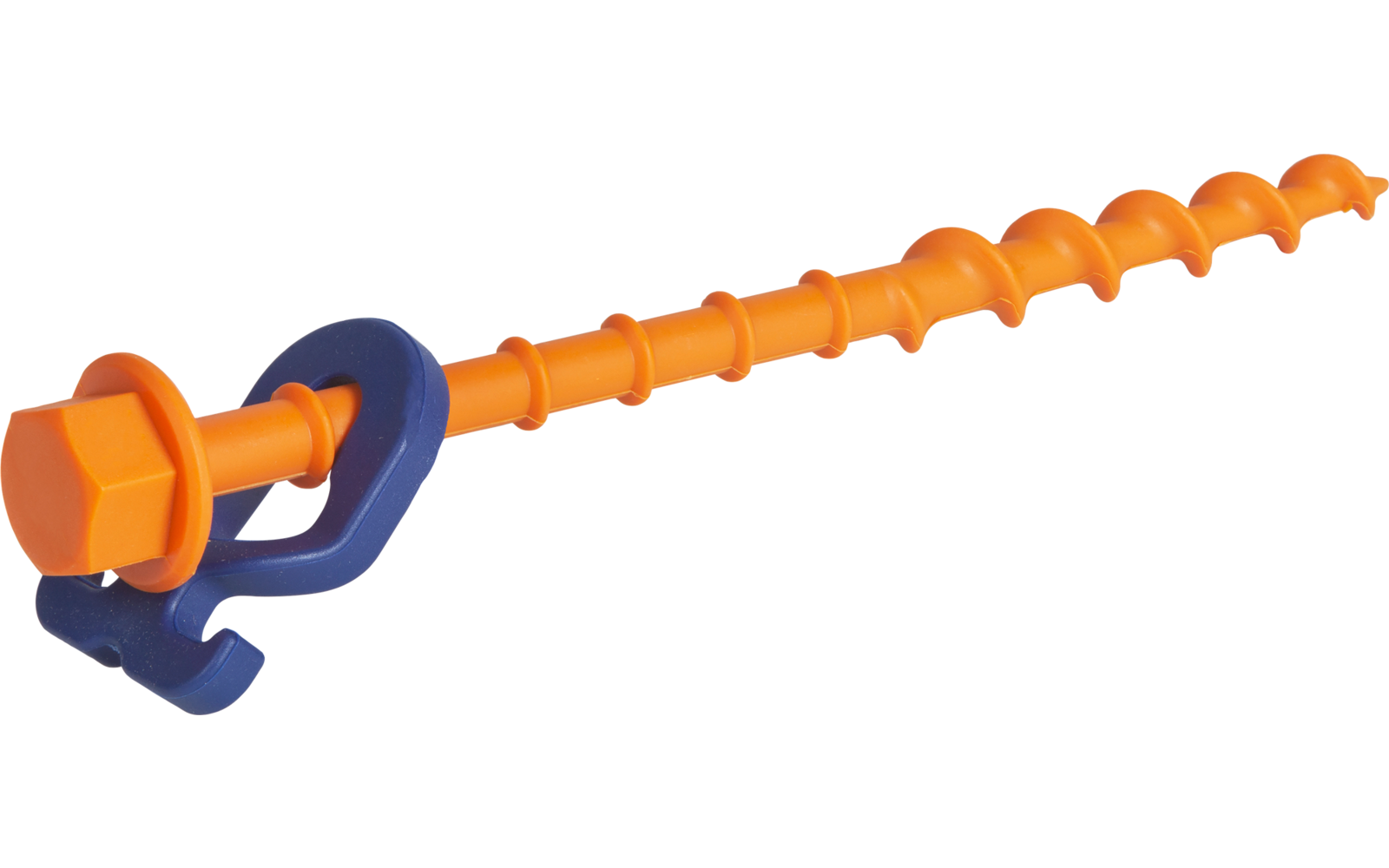 Tige en plastique orange en forme de vis avec tête hexagonale et crochet en plastique bleu