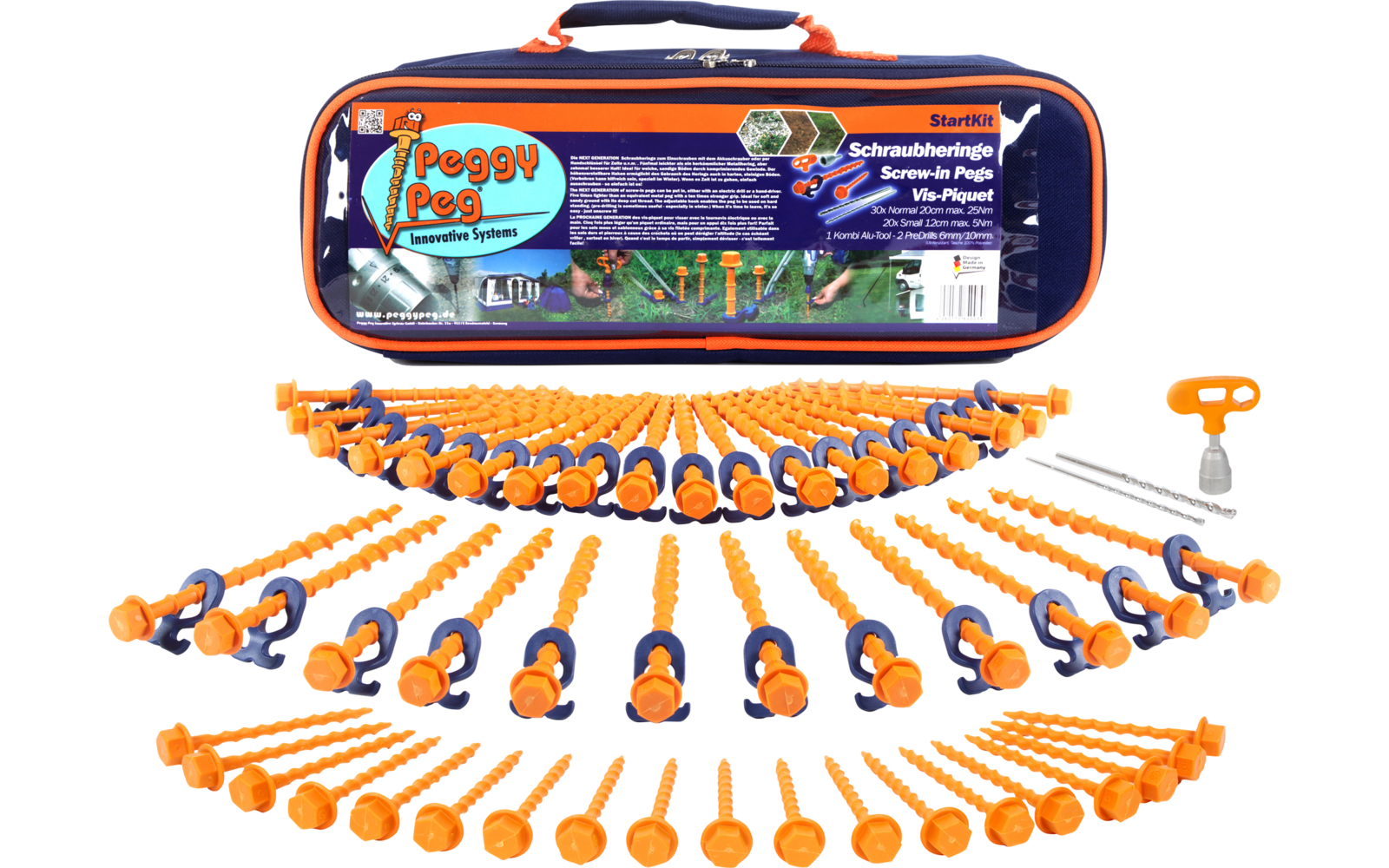 Blue-and-orange zippered case with product label; in front, orange screws with blue washers arranged in semicircles and a gray screwdriver with an orange tip