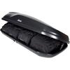 Geöffnete schwarze Dachbox mit sichtbarem Atera-Logo, drei schwarze Reisetaschen im Inneren