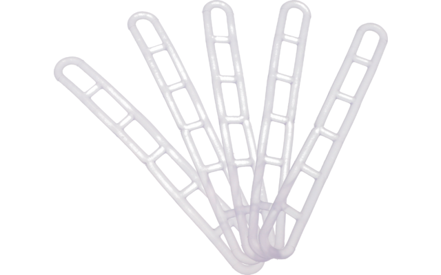 Fünf weiße, längliche Teile mit rechteckigen Öffnungen, fächerförmig an einem gemeinsamen, abgerundeten Ende verbunden