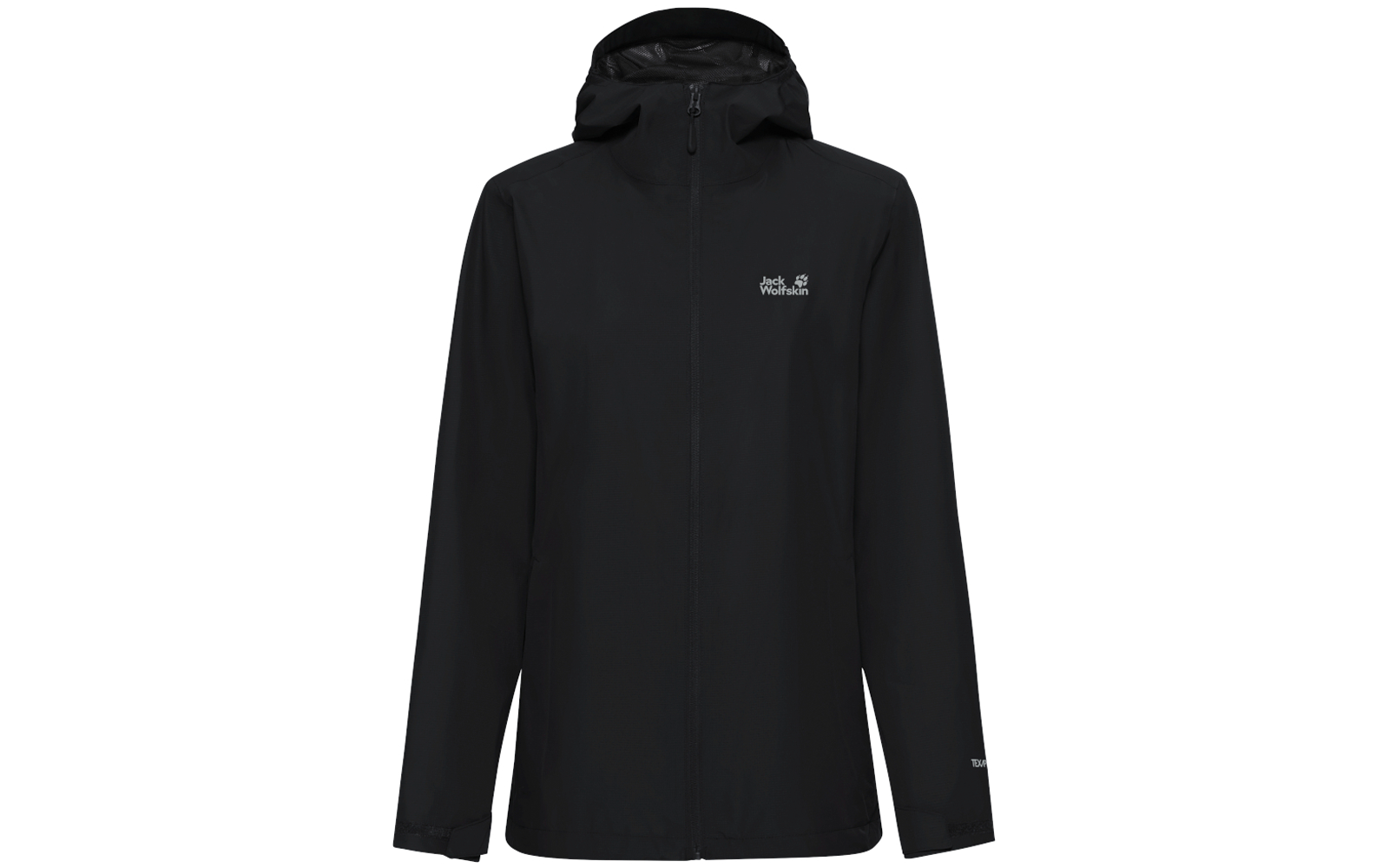 Zwarte capuchonjas met centrale ritssluiting en logo op de linkerborst, op witte achtergrond