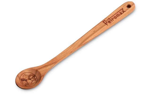 Cuillère en bois avec long manche lisse, trou à l'extrémité du manche, logo "Petromax" brûlé sur le manche et illustration brûlée dans le creux de la cuillère