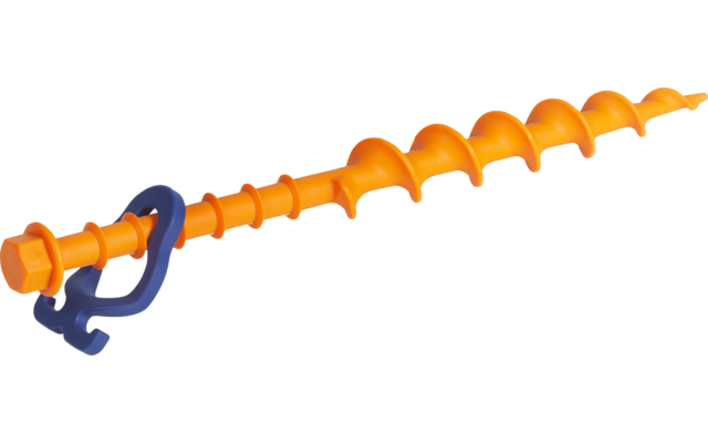 Orange spiral rod with hexagonal head and blue hook on white background
