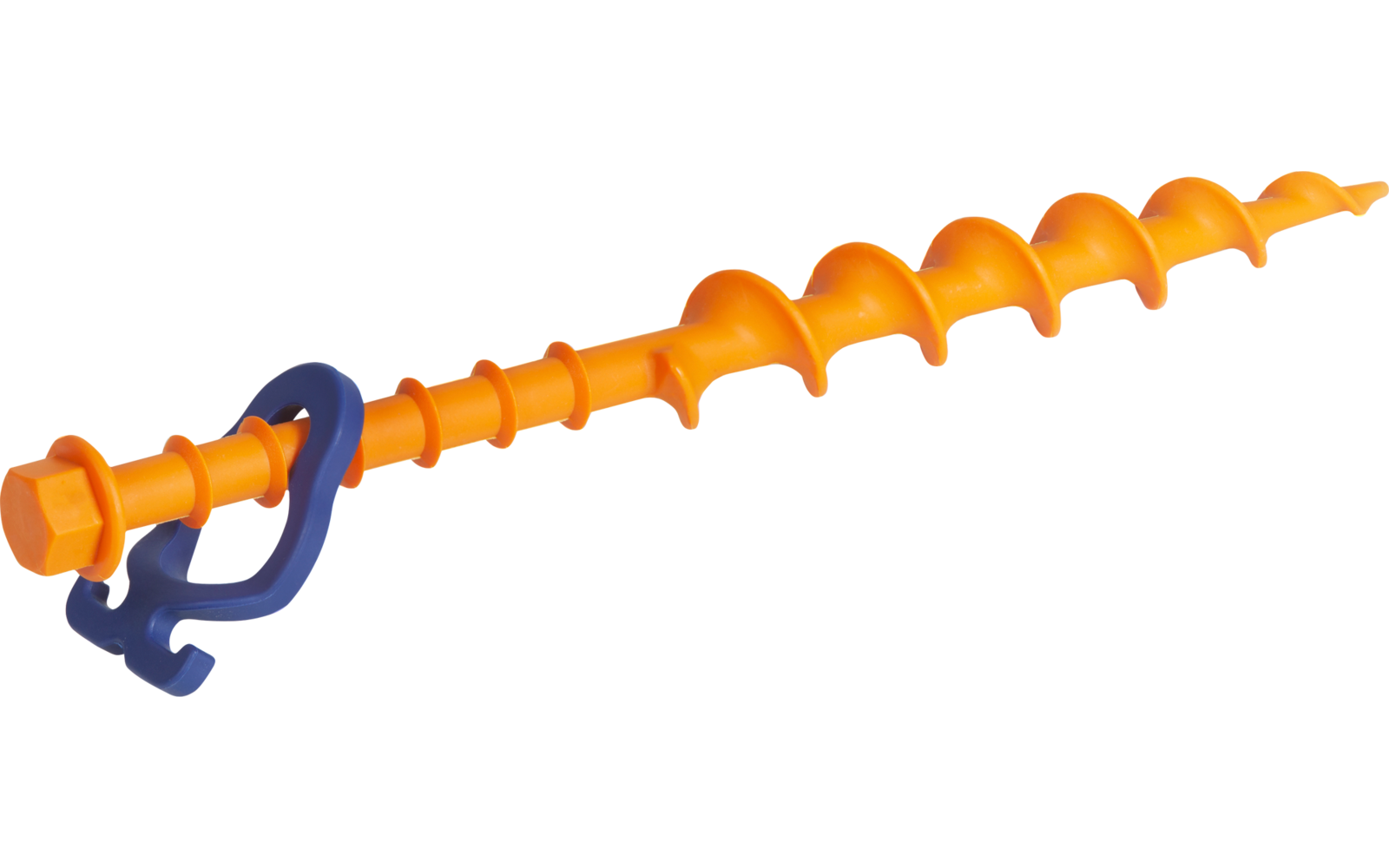 Orange spiral rod with hexagonal head and blue hook on white background