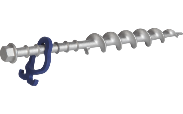 Silberne Metallspiralschraube mit Sechskantkopf und blauem Kunststoffhaken auf weißem Hintergrund