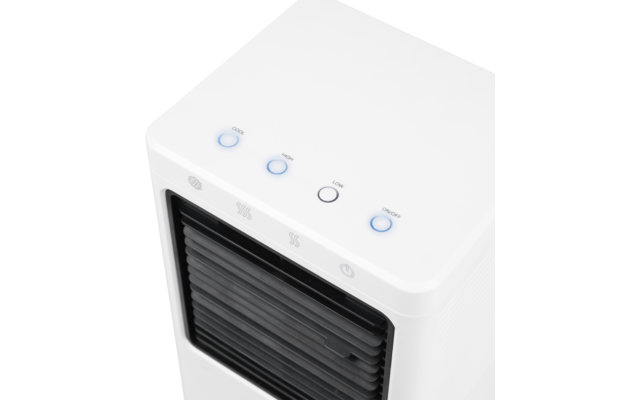 Weißes rechteckiges Gerät mit schwarzem Lamellengitter an der Vorderseite und vier runden Tasten mit blauen LEDs auf der Oberseite