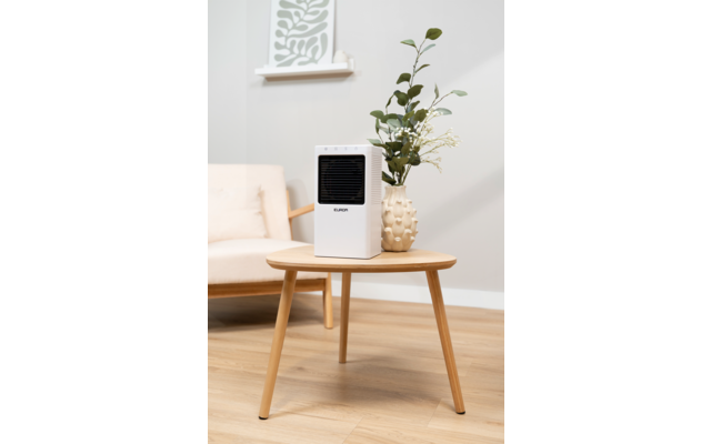 Weißes rechteckiges Gerät mit schwarzer Front auf rundem Holztisch, daneben eine beigefarbene Vase mit grünen Zweigen, im Hintergrund ein heller Sessel mit Kissen, Wandablage mit dekorativem Paneel, heller Holzfußboden