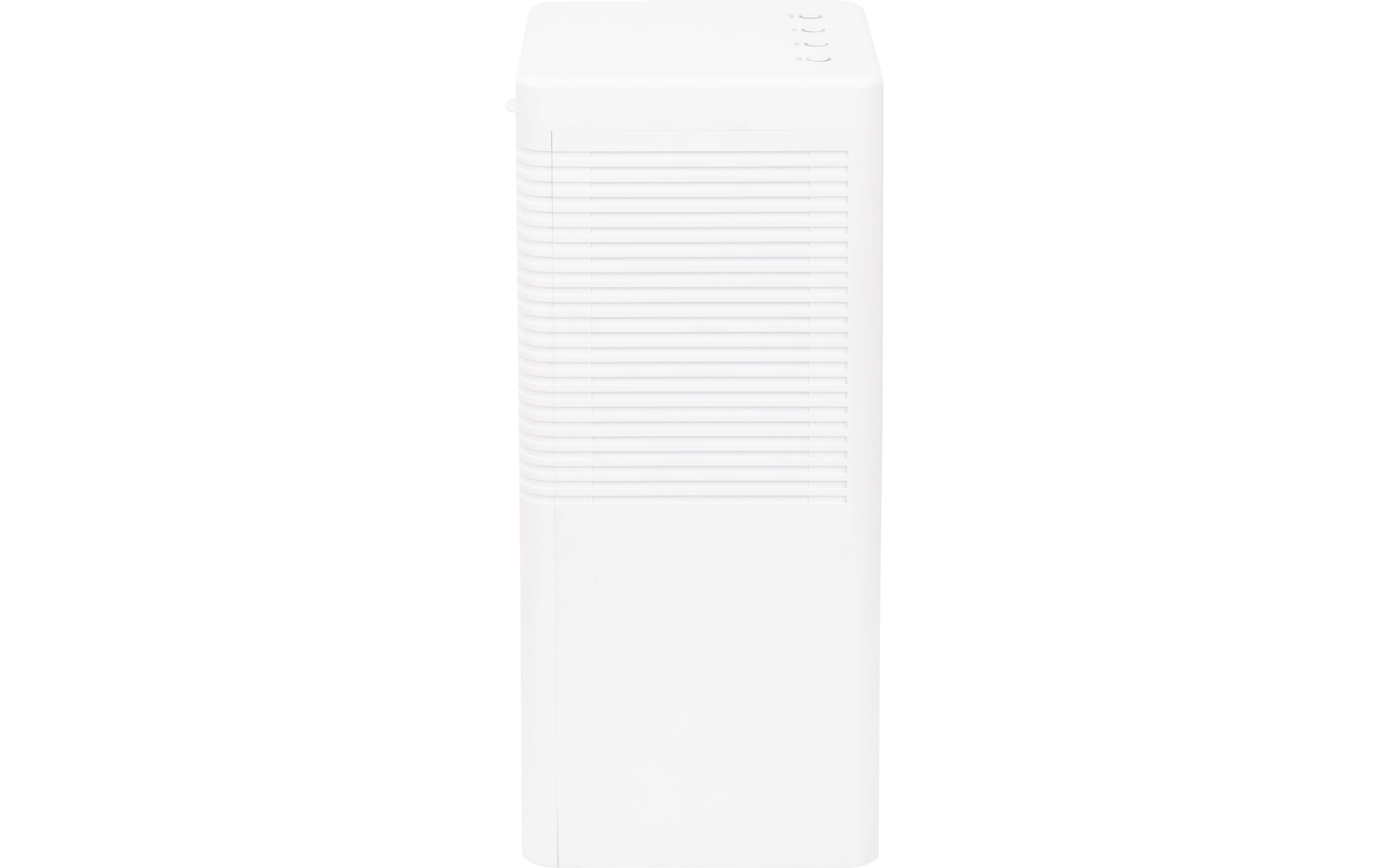 Weißes schmales hochstehendes rechteckiges Gehäuse mit horizontal gerillter Front und glatter Unterseite; oben rechts drei kleine ovale Öffnungen