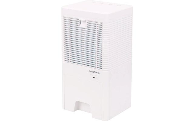 Weißes, hochformatiges rechteckiges Gerät mit Lüftungsgitter vorne, drei Tasten oben, kleinem Textaufdruck, einem Anschluss und einer Öffnung unten