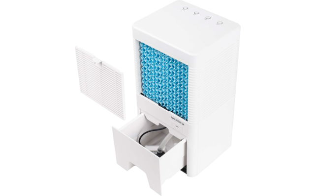 Weißes rechteckiges Gerät mit sichtbarem blauem Wabenfilter, geöffneter Schublade mit sichtbarem Kabel und Pumpe, abgenommene Frontabdeckung links, vier runde Tasten oben