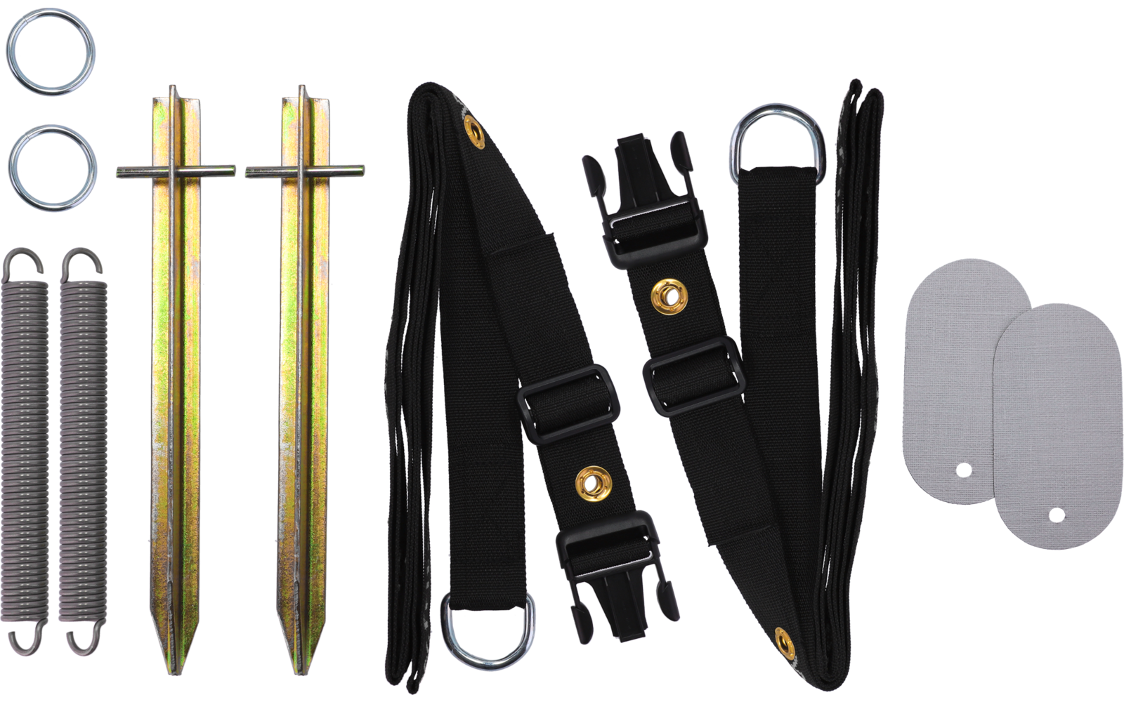 Zwei goldfarbene Erdspieße, drei Metallfedern, zwei Metallringe, mehrere schwarze Gurte mit Metallschnallen und -ringen sowie zwei graue ovale Polster