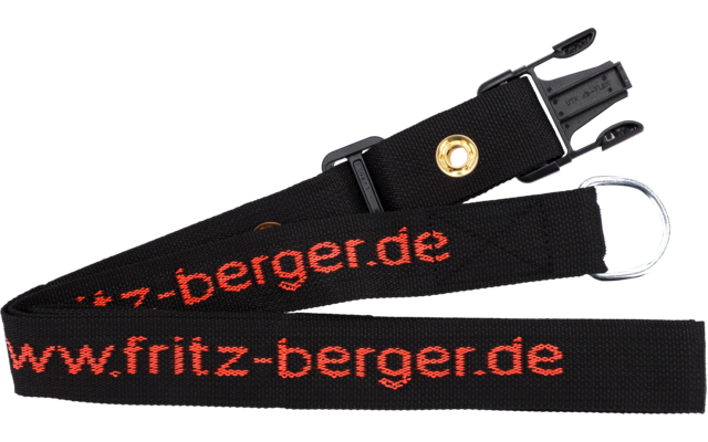 Schwarzes Schlüsselband mit rotem Schriftzug www.fritz-berger.de, Kunststoff-Schnalle und Metallring