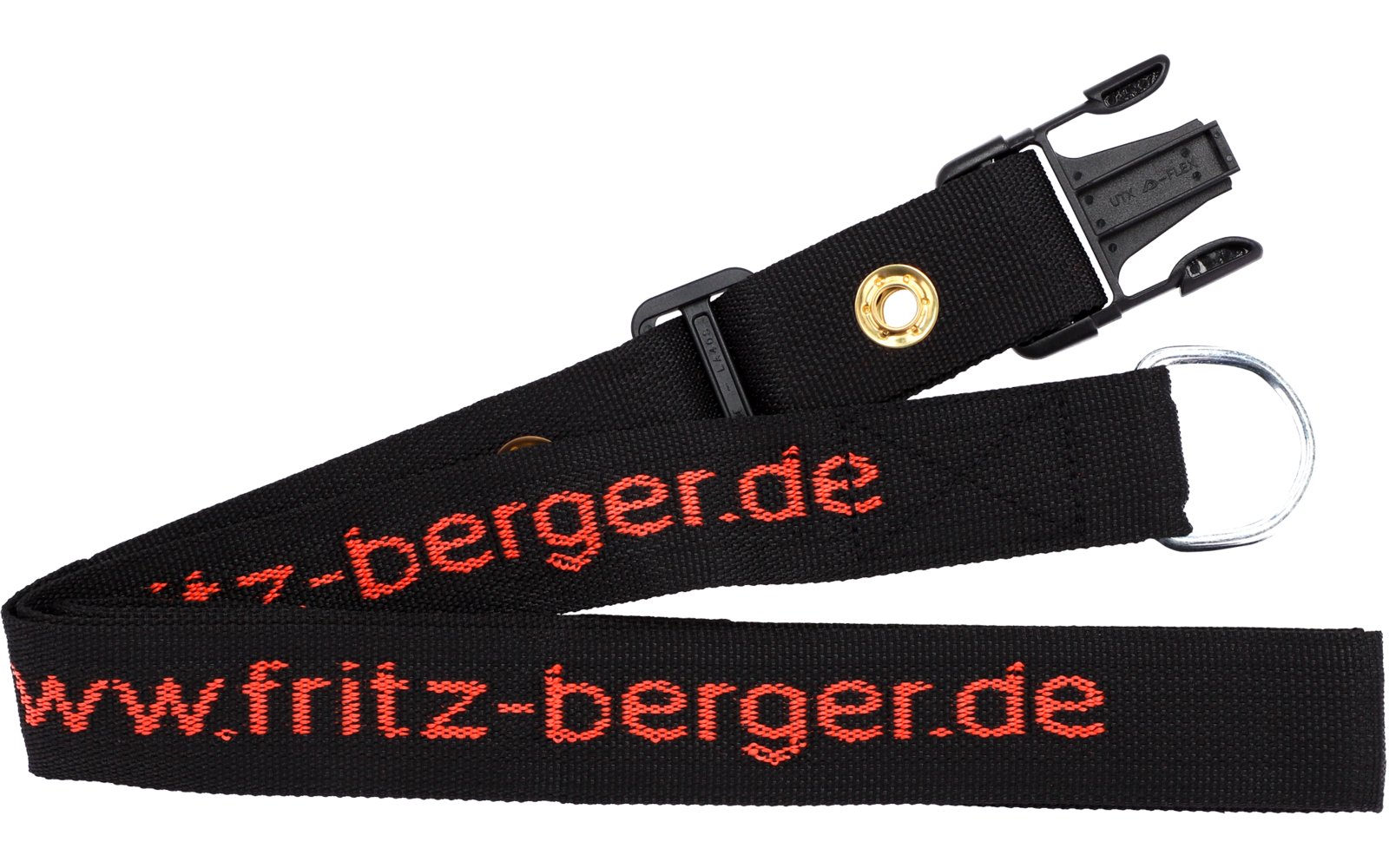 Schwarzes Schlüsselband mit rotem Schriftzug www.fritz-berger.de, Kunststoff-Schnalle und Metallring