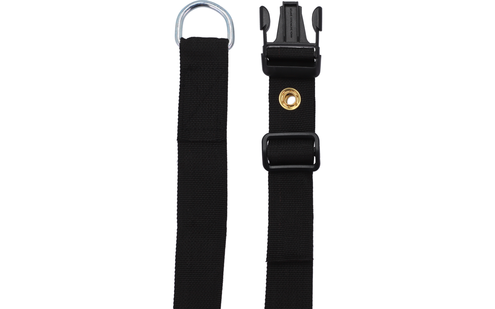 Zwei schwarze Stoffgurte nebeneinander auf weißem Hintergrund; linker Gurt mit silbernem D-Ring oben; rechter Gurt mit schwarzer Steckschließe oben, goldfarbenem Metallknopf und schwarzem Verstellschieber