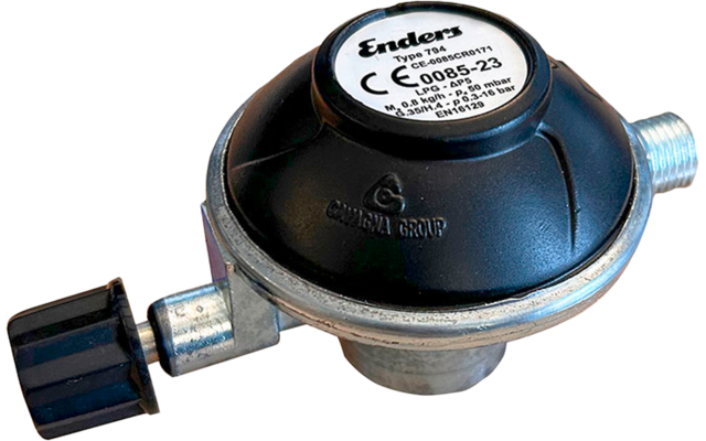 Round black regulator with white "Enders" label, metal ring, black control knob on the left, and two metal connectors on the right and bottom