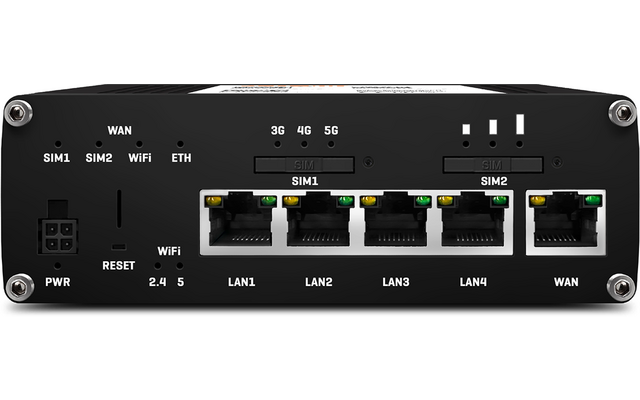 Schwarze Rückseite eines Geräts mit zwei SIM‑Fächern beschriftet SIM1 und SIM2, vier LAN‑Ports beschriftet LAN1–LAN4 mit LED‑Anzeigen, einem WAN‑Port, Beschriftungen 'WAN', 'WIFI', 'ETH' und '3G 4G 5G', Netzanschluss 'PWR', Reset‑Öffnung und Wi‑Fi‑An