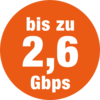 Oranger Kreis mit weißer Aufschrift 'bis zu 2,6 Gbps'