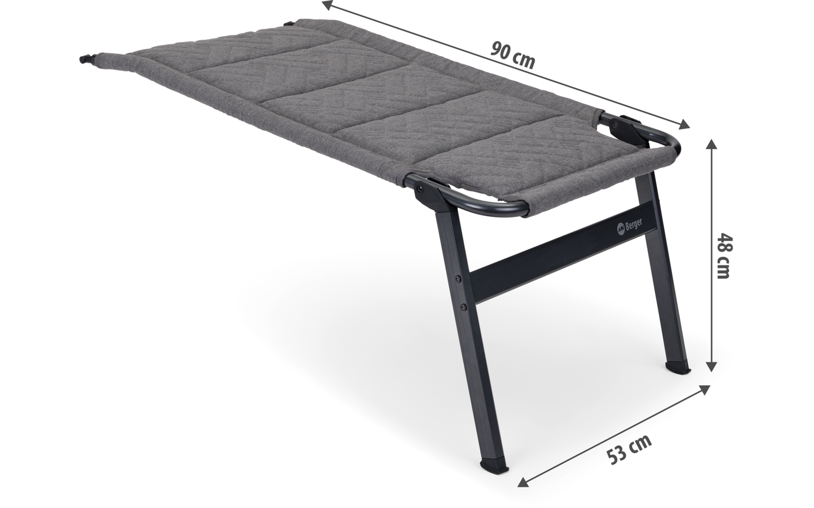 Grauer gepolsterter Hocker mit schwarzem Metallgestell, mit Maßen 79 cm Länge und 37 cm Breite