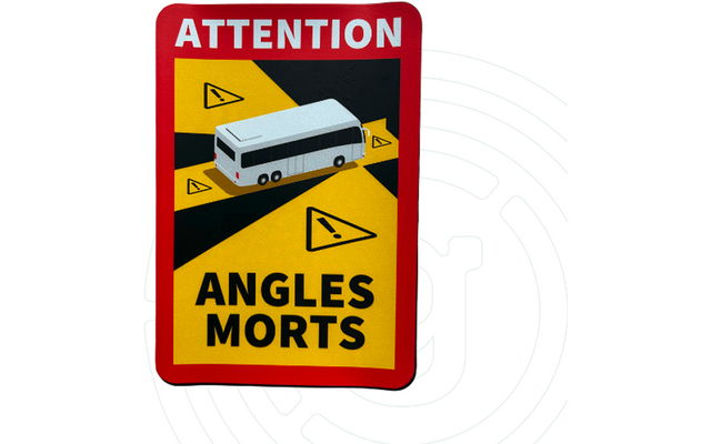 Rood rechthoekig bord, boven witte tekst 'ATTENTION', geel vlak met zwarte diagonale strepen, afbeelding van een witte bus, meerdere gele driehoeken met zwarte rand en uitroeptekens, onder zwarte tekst 'ANGLES MORTS'