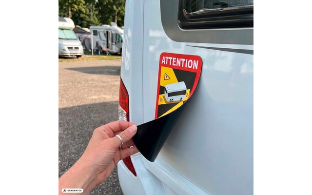 Hand met twee ringen die een rode sticker met "ATTENTION" en een bestelwagen-icoon van de achterkant van een witte camper lostrekt; op de achtergrond andere campers en bomen