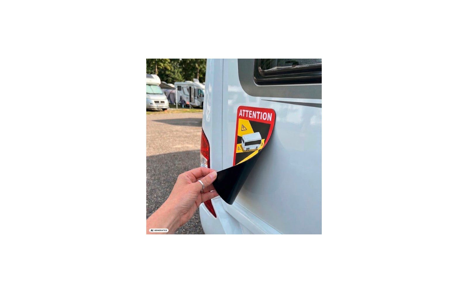 Hand met twee ringen die een rode sticker met "ATTENTION" en een bestelwagen-icoon van de achterkant van een witte camper lostrekt; op de achtergrond andere campers en bomen