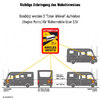 Diagram met drie grijze camperillustraties en een geel-rood waarschuwingsbord in het midden met de tekst 'ATTENTION' en 'ANGLES MORTS'; gele lijnen wijzen naar stickerposities op de achterhoeken, met afmetingen 'hoogte sticker max. 1,50 m, min. 0,90 m' en 'bestuurderszijde 1,00 m' en 'passagierszijde 1,00 m'