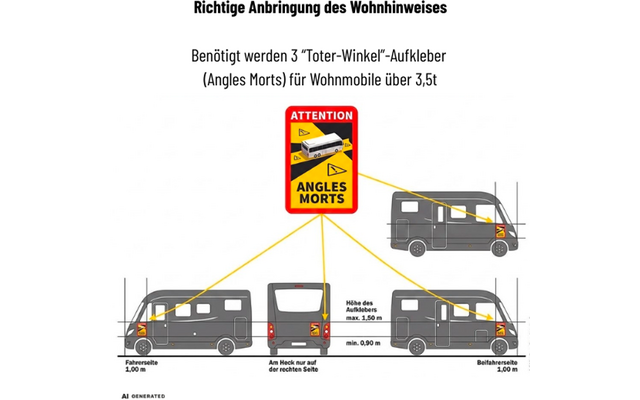 Diagram met drie grijze camperillustraties en een geel-rood waarschuwingsbord in het midden met de tekst 'ATTENTION' en 'ANGLES MORTS'; gele lijnen wijzen naar stickerposities op de achterhoeken, met afmetingen 'hoogte sticker max. 1,50 m, min. 0,90 m' en 'bestuurderszijde 1,00 m' en 'passagierszijde 1,00 m'
