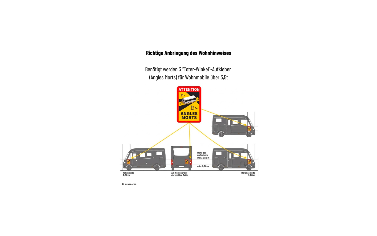 Diagram met drie grijze camperillustraties en een geel-rood waarschuwingsbord in het midden met de tekst 'ATTENTION' en 'ANGLES MORTS'; gele lijnen wijzen naar stickerposities op de achterhoeken, met afmetingen 'hoogte sticker max. 1,50 m, min. 0,90 m' en 'bestuurderszijde 1,00 m' en 'passagierszijde 1,00 m'