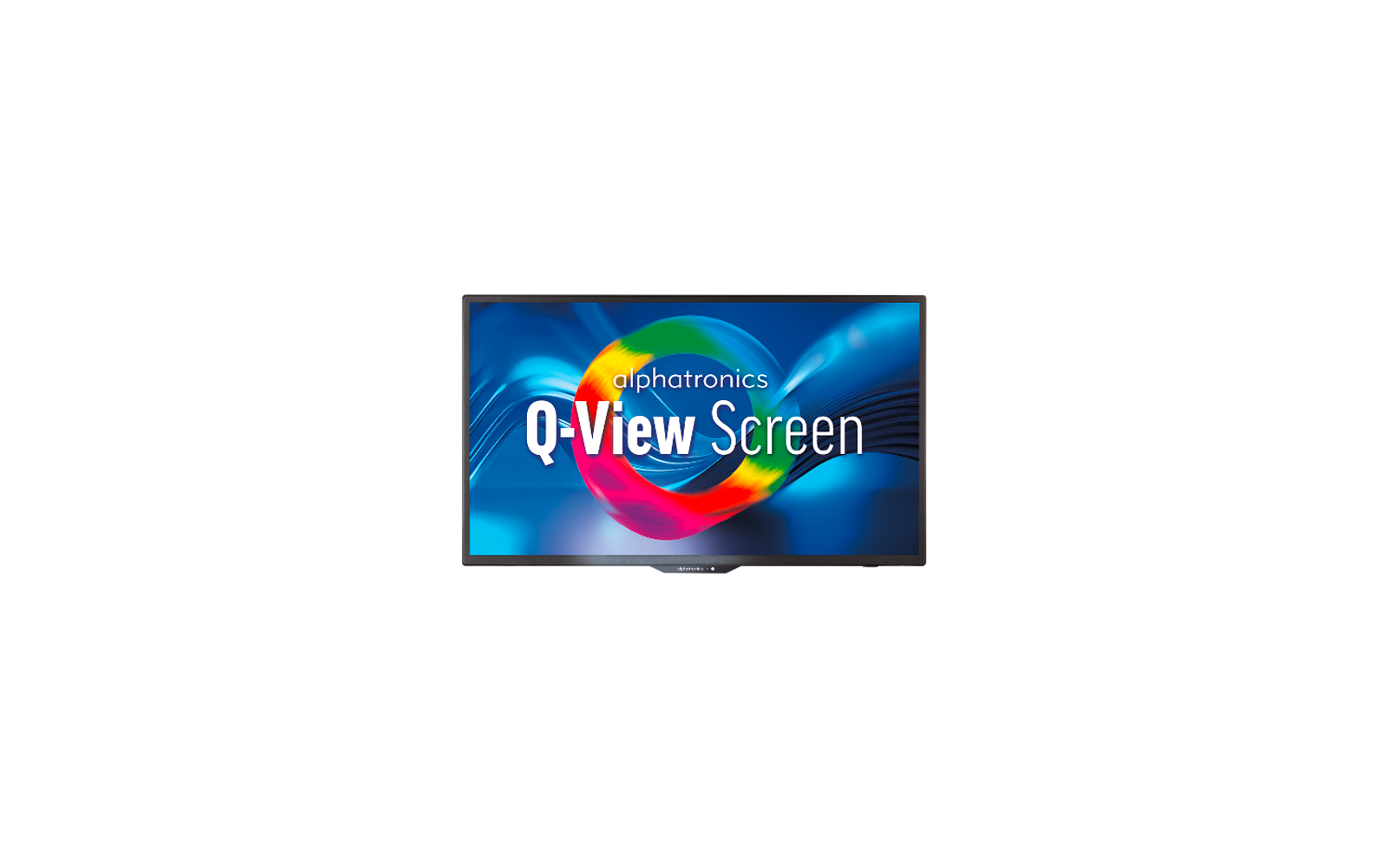 Flacher Monitor mit schwarzem Rahmen zeigt blauen Hintergrund, bunten Regenbogenring und den Text "alphatronics Q-View Screen"