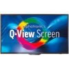 Flacher Monitor mit schwarzem Rahmen zeigt blauen Hintergrund, bunten Regenbogenring und den Text "alphatronics Q-View Screen"