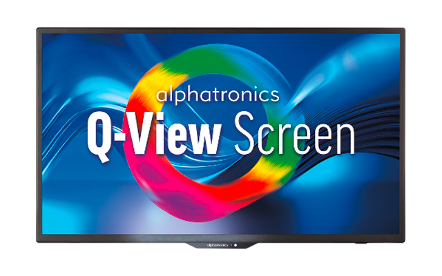 Flacher Monitor mit schwarzem Rahmen zeigt blauen Hintergrund, bunten Regenbogenring und den Text "alphatronics Q-View Screen"