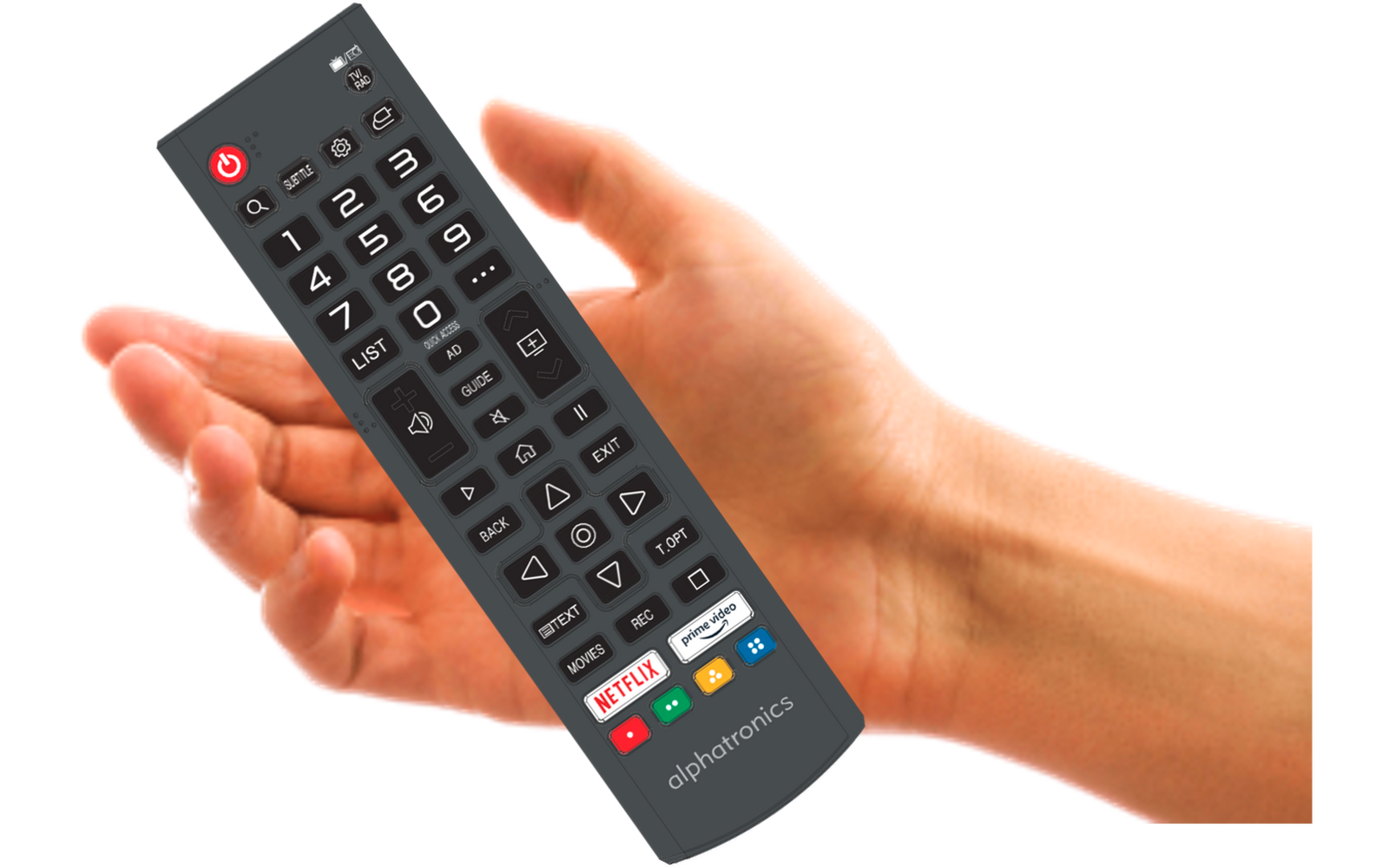 Hand hält schwarze Fernbedienung mit Zahlentasten, Richtungskreuz und sichtbaren App-Tasten (Netflix)