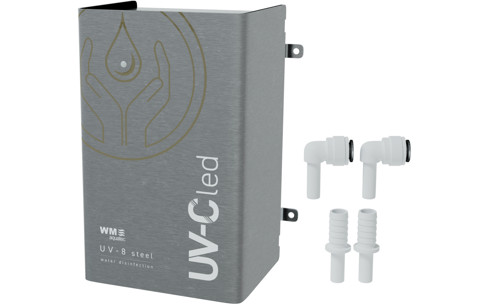 Grau verpackte UV-C-LED mit zwei weißen Ohrstöpseln und drei Ersatzteilen