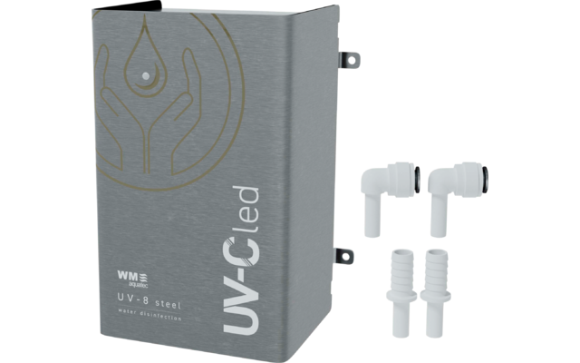 Grau verpackte UV-C-LED mit zwei weißen Ohrstöpseln und drei Ersatzteilen