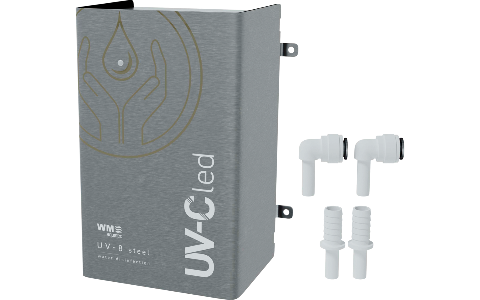 Grau verpackte UV-C-LED mit zwei weißen Ohrstöpseln und drei Ersatzteilen
