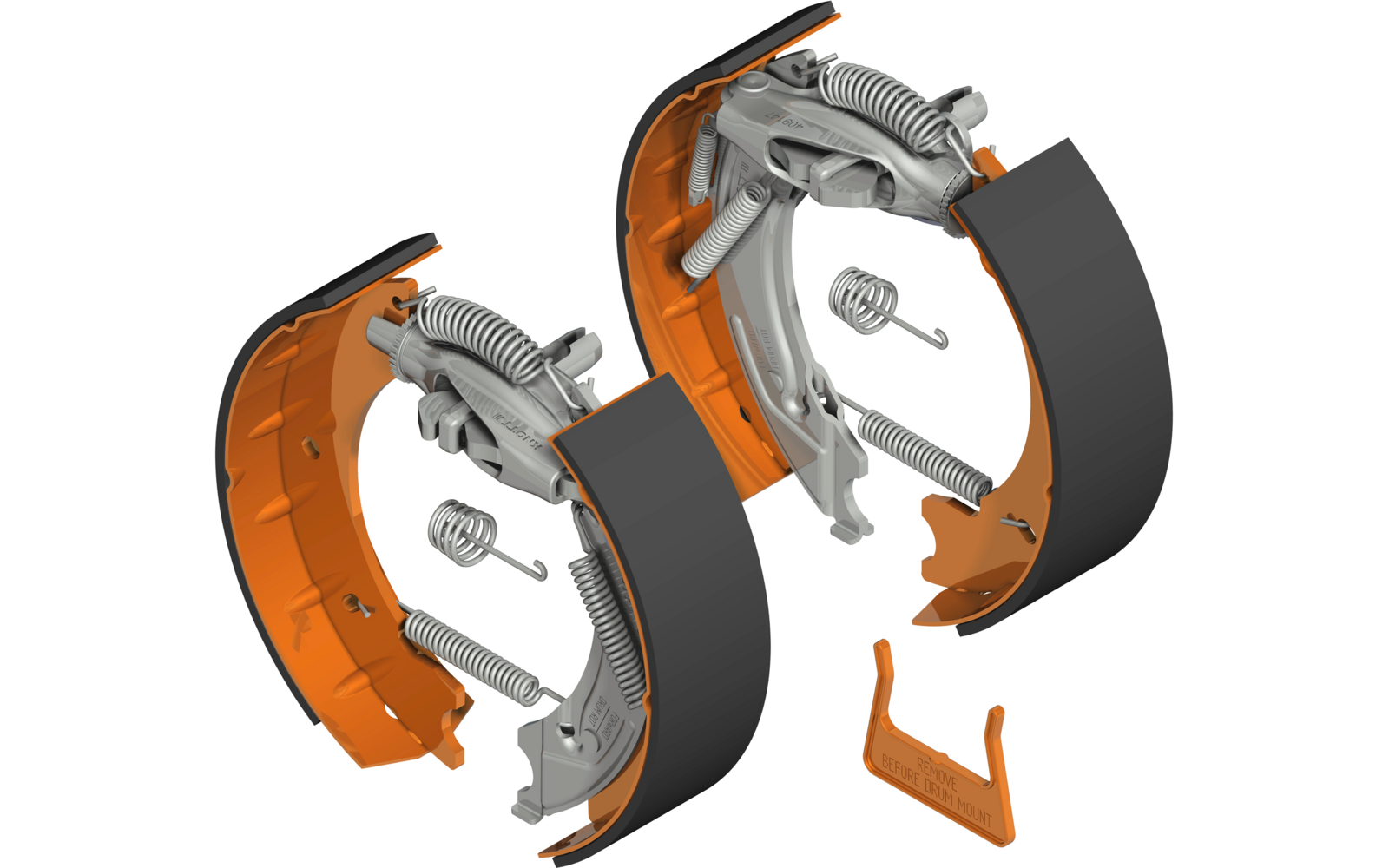 Explosionsdarstellung von zwei halbrunden Bremsbacken mit Federmechanismus und weiteren Bauteilen