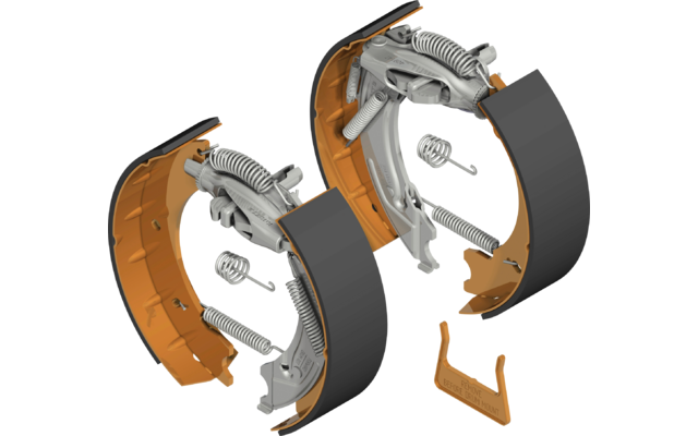 Vista esplosa di due ganasce dei freni semicircolari con meccanismo a molla e componenti aggiuntivi