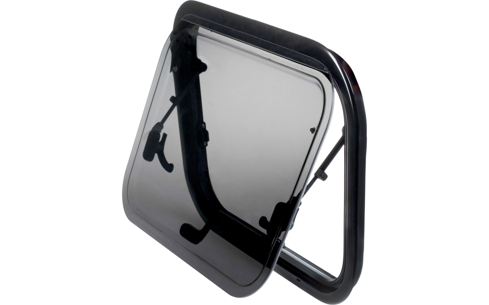 Getöntes rechteckiges Klappfenster mit abgerundeten Ecken und schwarzem Rahmen, an einem Scharnier geöffnet; sichtbare Metallscharniere und Verriegelungshebel