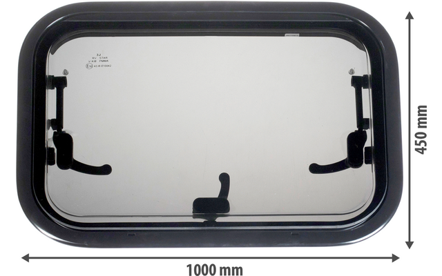 Rechteckige Glasscheibe mit schwarzem Rahmen, zwei seitlichen Klappverschlüssen, mittigem Handgriff unten; Maße 1000 mm × 450 mm als Pfeile dargestellt
