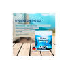 Bag of Berger Fresh Blue Sachets standing on a wooden table with text about hygiene on the go