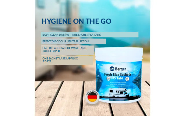 Bag of Berger Fresh Blue Sachets standing on a wooden table with text about hygiene on the go