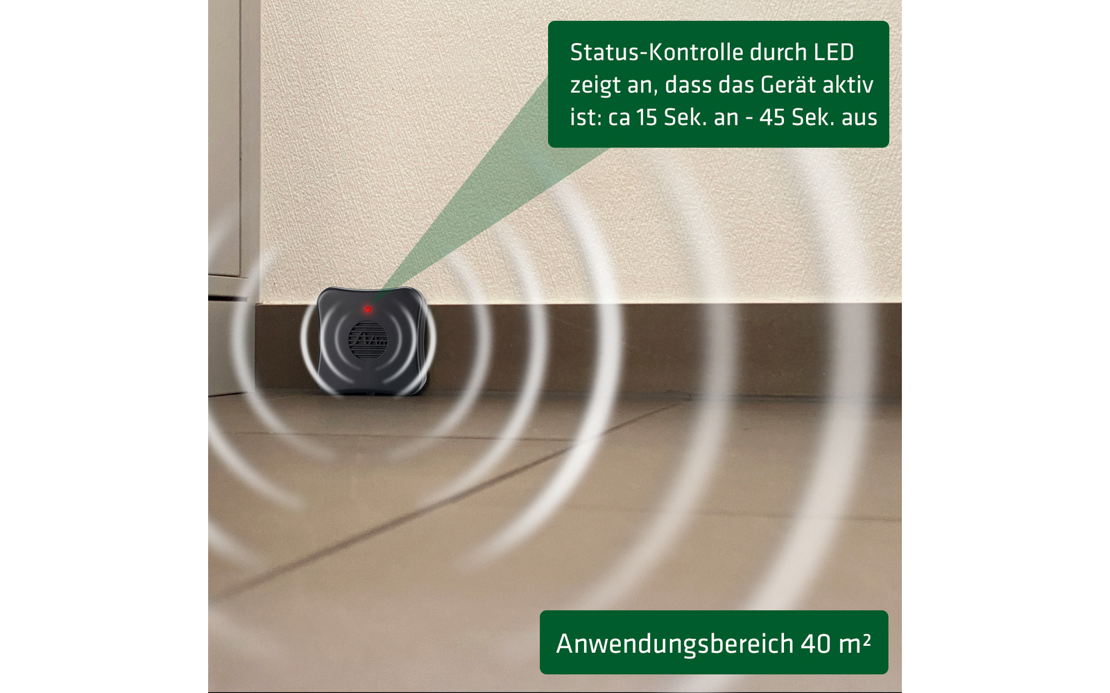 Anzeige mit Status-Kontrolle durch LED zeigt an, dass das Gerät aktiviert ist, mit einer Anwendungsreichweite von 40 Metern