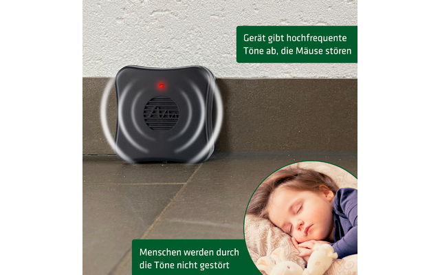 Rauchmelder an der Decke mit rotem Licht, daneben Text in grünem Kasten, unten rechts ein schlafender Mann