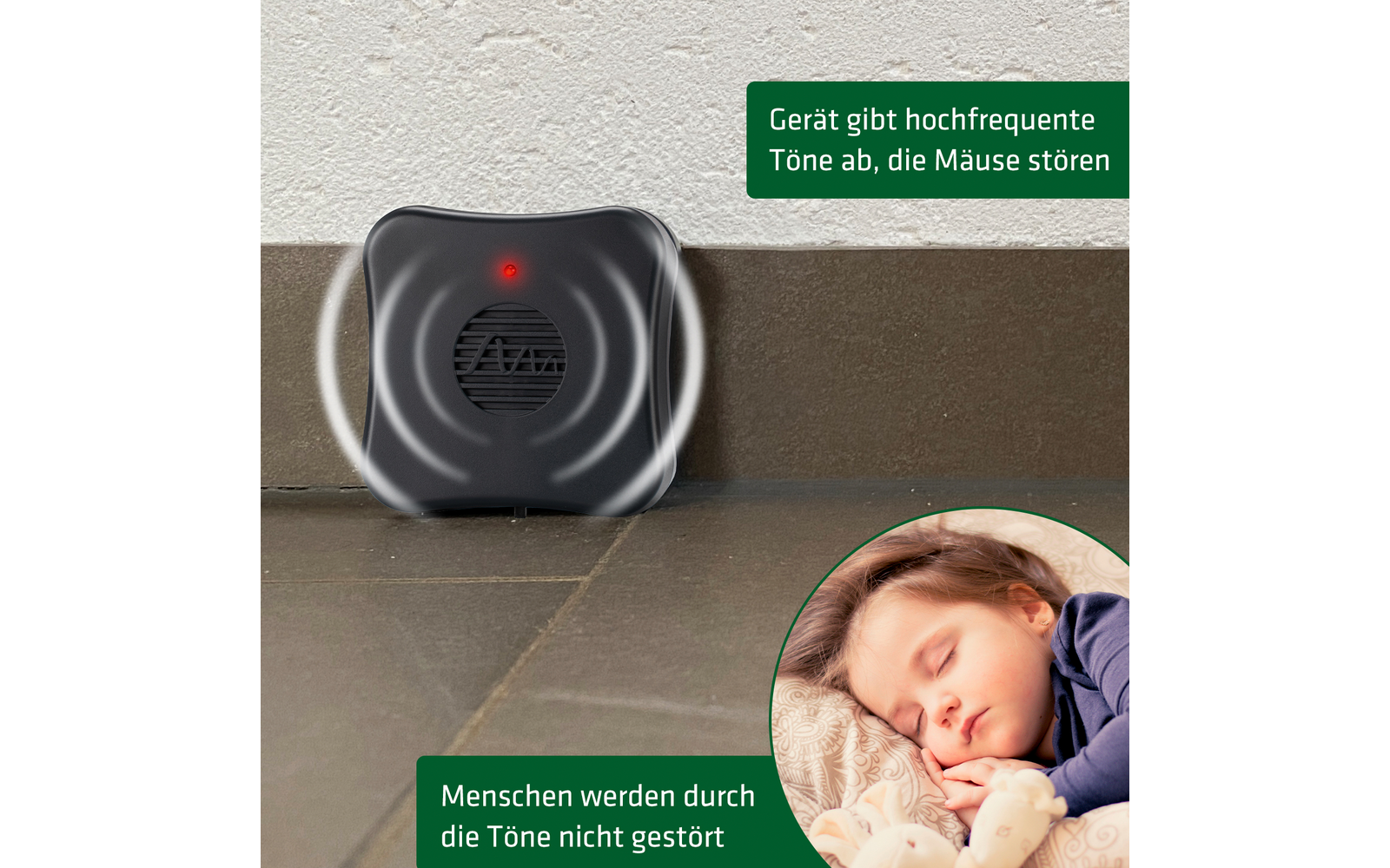 Rauchmelder an der Decke mit rotem Licht, daneben Text in grünem Kasten, unten rechts ein schlafender Mann