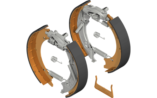 Explosietekening van een mechanische rem met oranje remblokken en metalen onderdelen