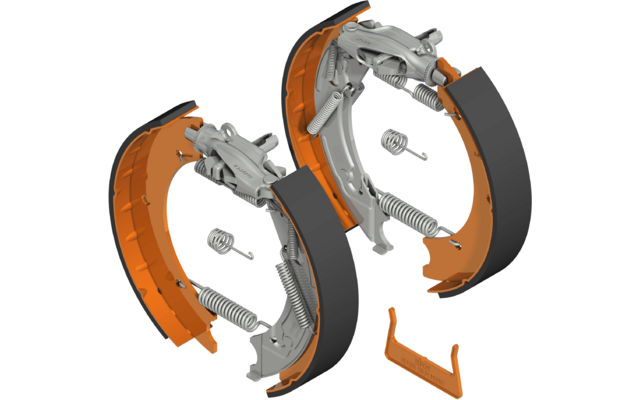 Explosionszeichnung einer mechanischen Bremse mit orangefarbenen Belägen und Metallteilen