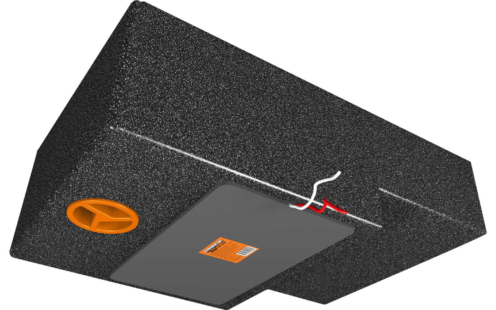 Schwarz-grauer rechteckiger Schaumstoffblock mit orangefarbener runder Öffnung links, grauem rechteckigem Einsatz mit orangefarbener Kennzeichnung unten und zwei sichtbaren roten und weißen Kabeln